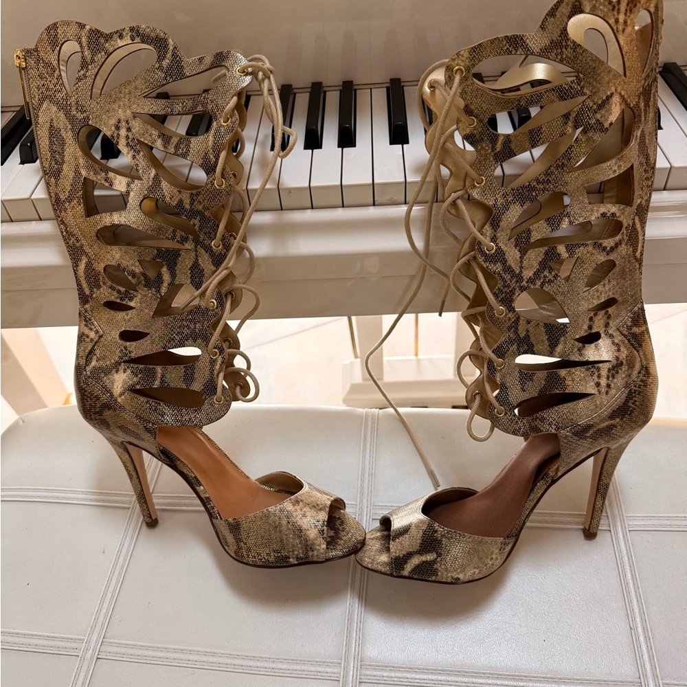Delicious Snakeskin Lace-Up Heels